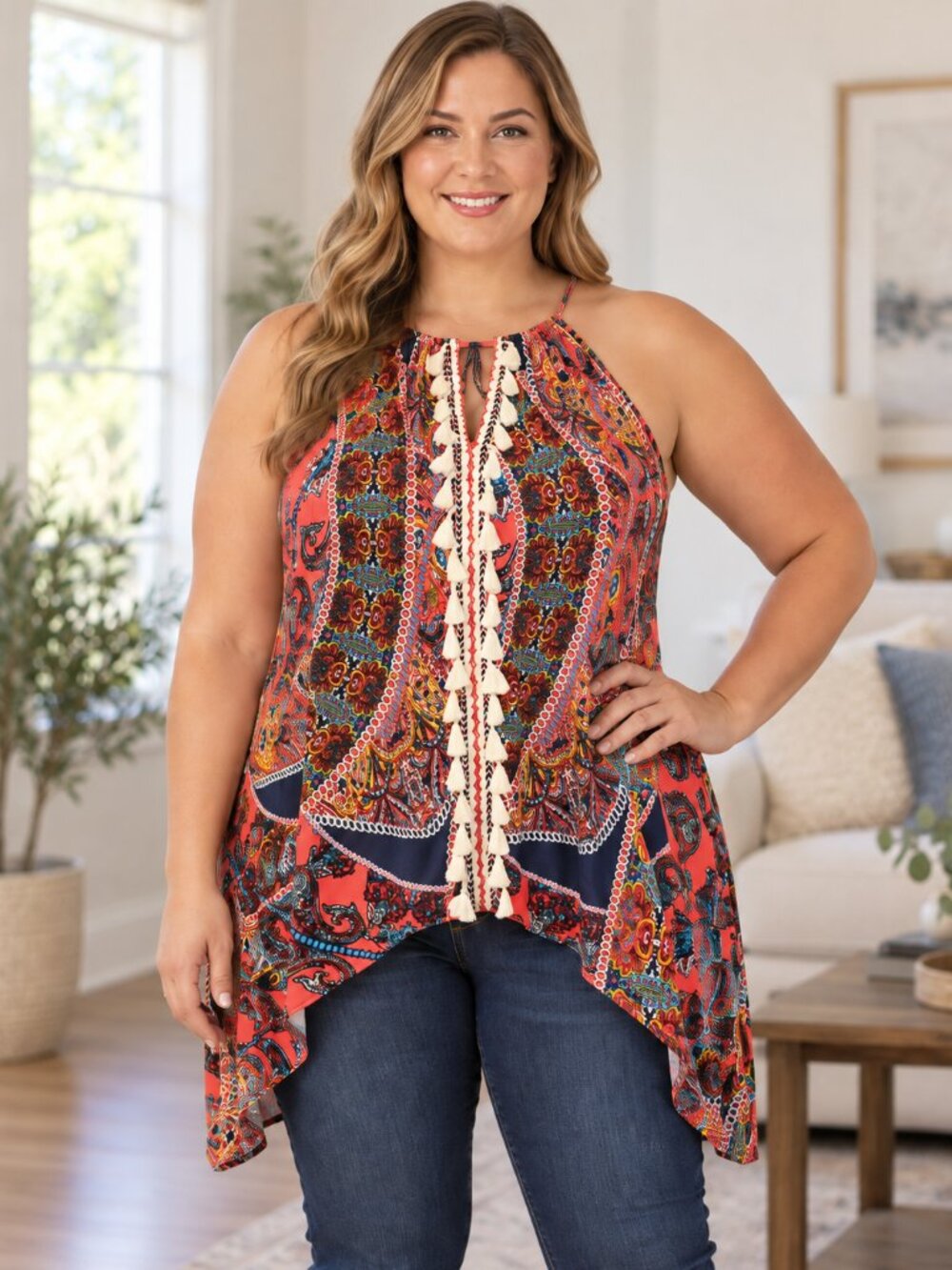 VENUS 1X Paisley Tassel Halter Top Handkerchief Hem Open Back Boho Plus Size